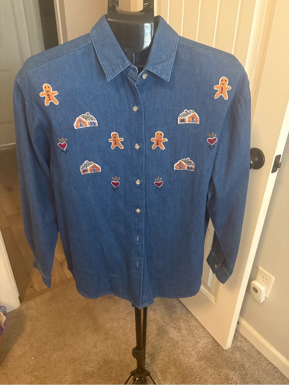 Denim Button-Down Shirt with Gingerbread & Heart Embroidery - Blue